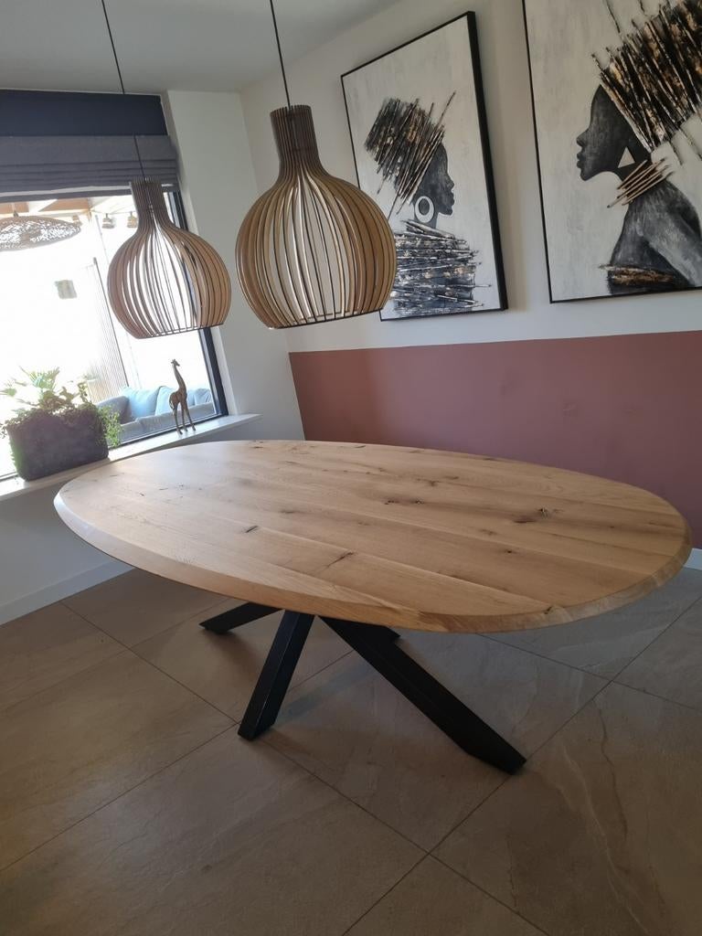 Ovale eiken eettafel met spinpoot (260x120 cm), Huis en Inrichting, Tafels | Eettafels, Ophalen, Gebruikt, 100 tot 150 cm, 200 cm of meer