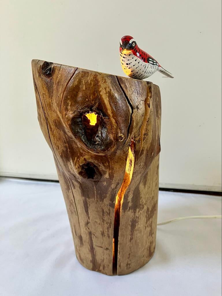 Unieke houten lamp met vogeltje - Eyecatcher!, Ophalen of Verzenden, Nieuw, Landelijk