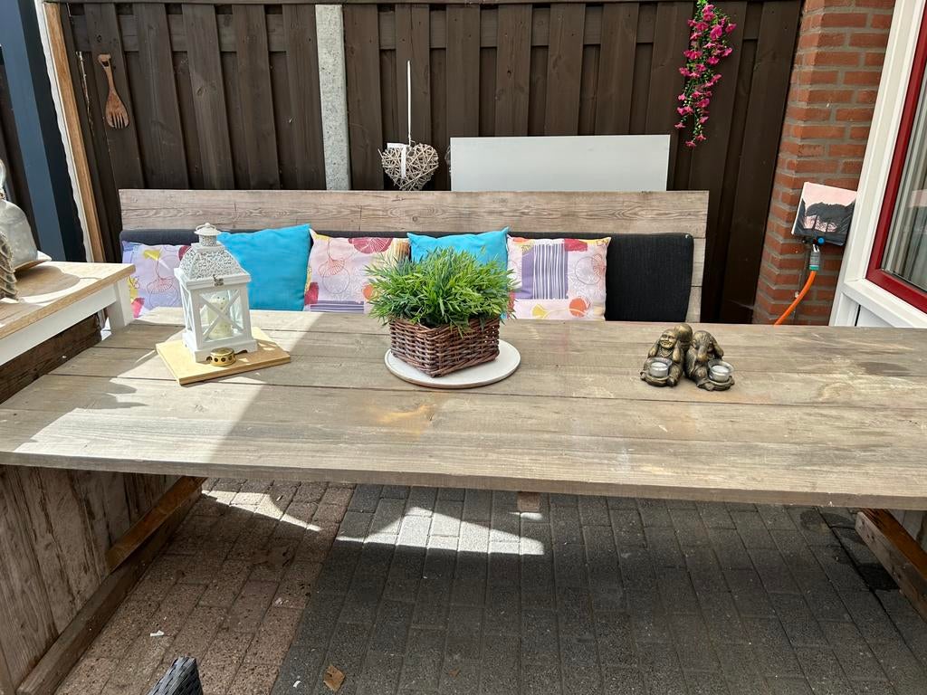 Stevige houten tuinbank met kussens, Tuin en Terras, Tuintafels, Verzenden, Gebruikt, Rechthoekig, Hout