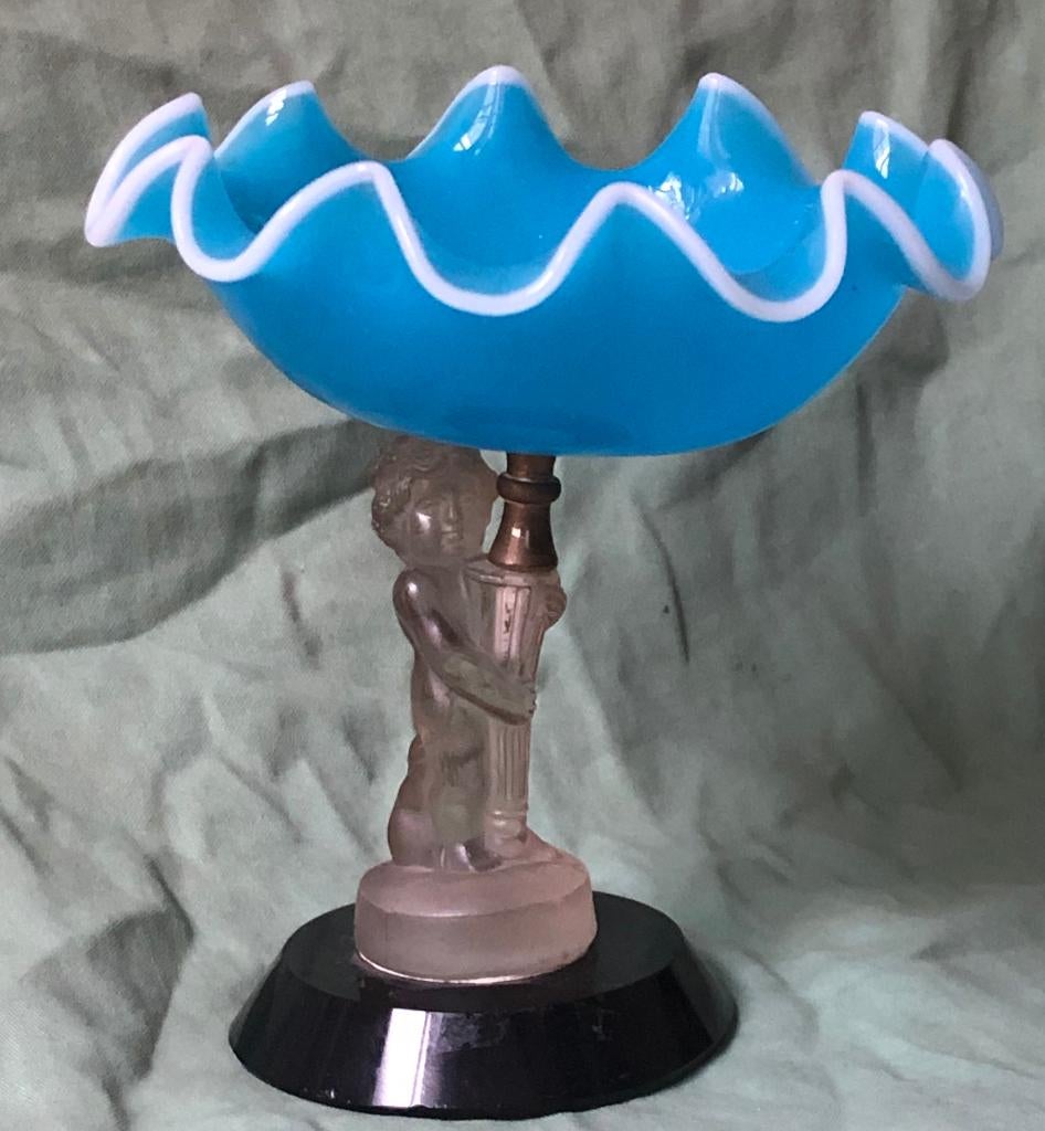 Antiek opaline glazen ringenbakje / zoutvaatje cherubijntje, Antiek en Kunst, Ophalen of Verzenden