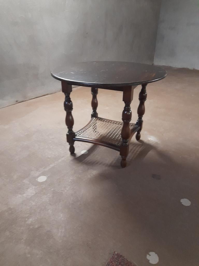 Rond bijzettafeltje met rieten plateau, Minder dan 55 cm, Gebruikt, Rond, Klassiek, Vintage