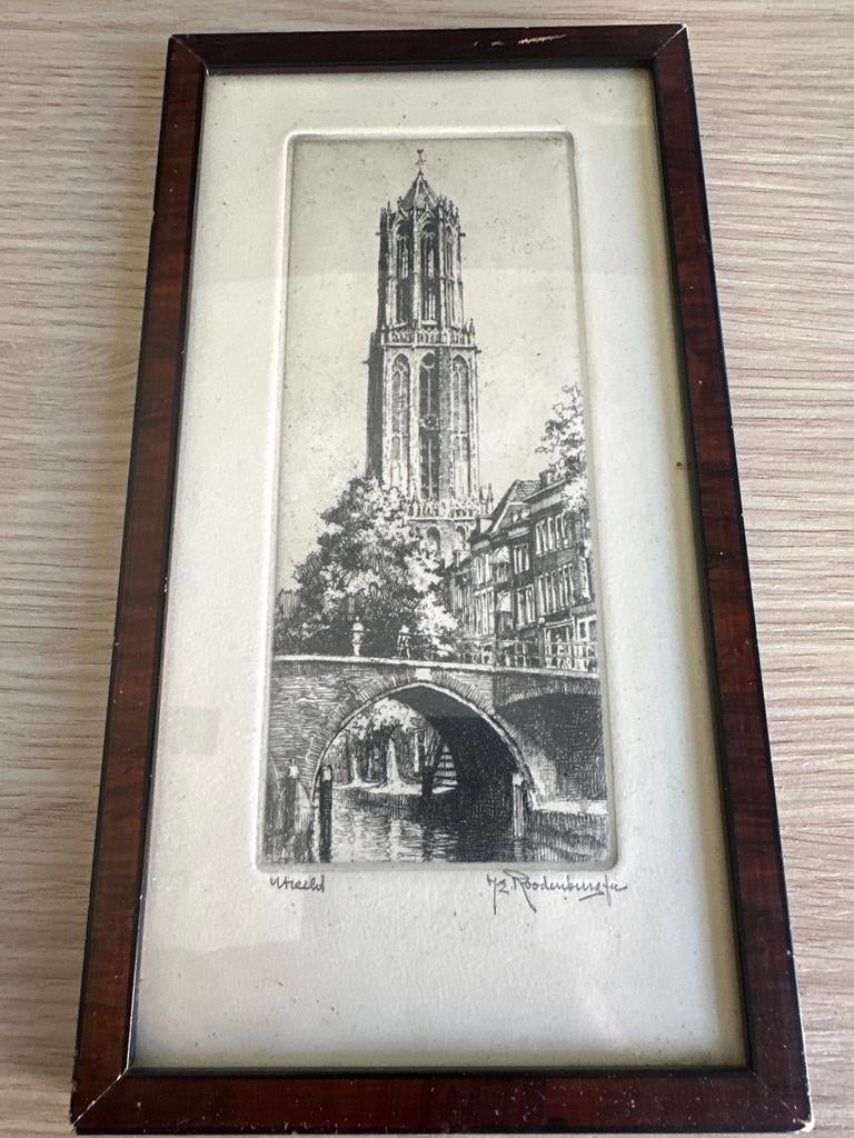 Originele ets Domtoren Utrecht door H.E. Roodenburg, Antiek en Kunst, Ets, Stadsgezicht, Ophalen of Verzenden, Gesigneerd