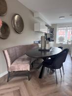 Luxe Eettafel Bank - Taupe Satijn met Zwarte Houten Poten, Ophalen, 150 tot 200 cm, 200 cm of meer, Zo goed als nieuw