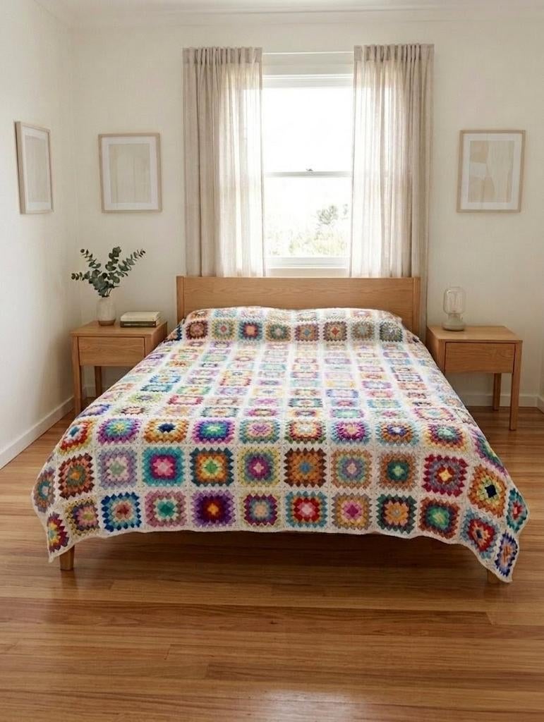 Unieke XXL Granny Square sprei (230x230) – Bio-Katoen, Huis en Inrichting, Ophalen, Nieuw