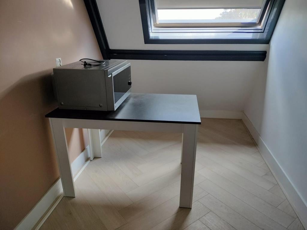 Eettafel grijs gemeleerd blad en wit onderstel rechthoekig, Ophalen, Rechthoekig, 50 tot 100 cm