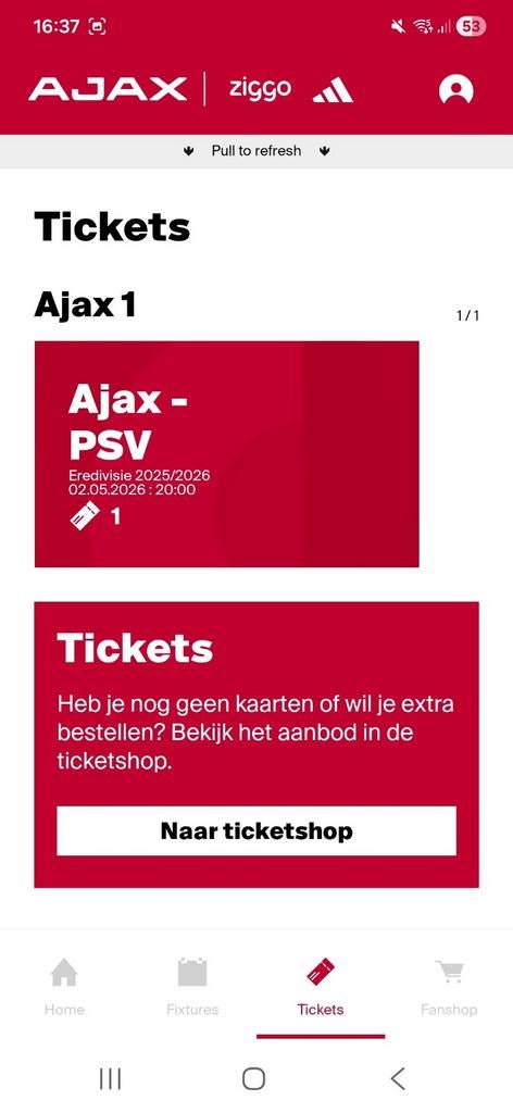 1 ticket/kaartje voor Ajax - Psv vak 416 rij 4 stoel 11, Tickets en Kaartjes, Eén persoon, Mei
