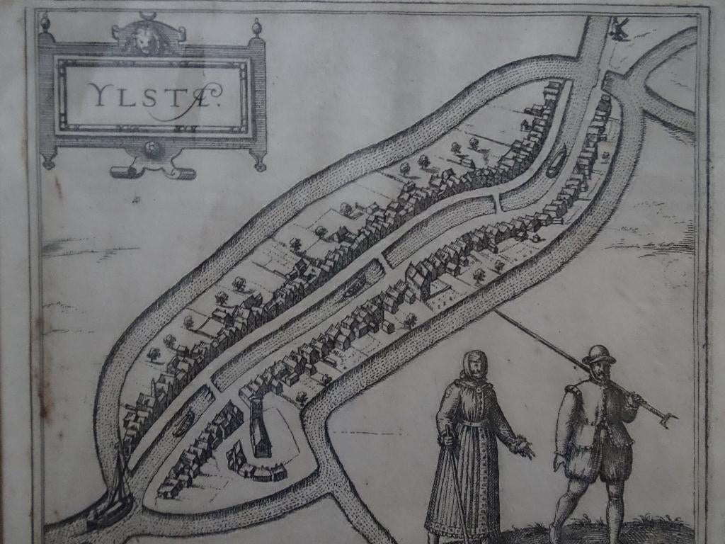 gravure plattegrond IJlst, Friesland Braun en Hogenberg 1592, Antiek en Kunst, Verzenden, Cartografie, 1600 - 1699, Gravure