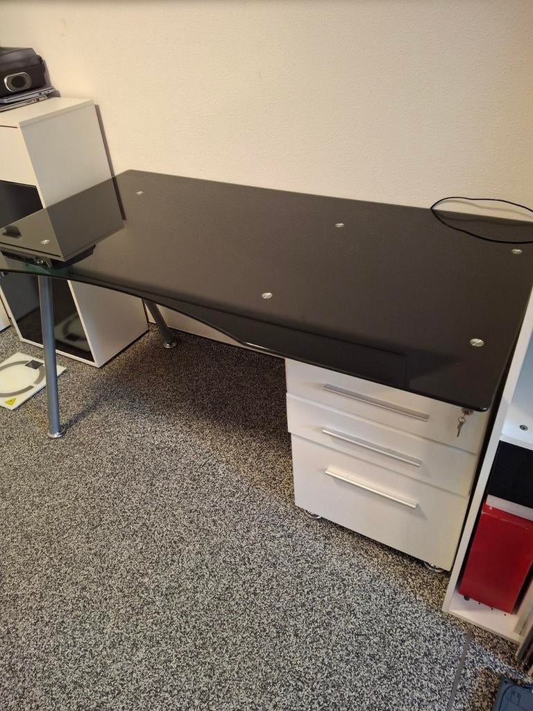 Modern Glazen Bureau met Ladeblok - Zwart, Huis en Inrichting, Ophalen