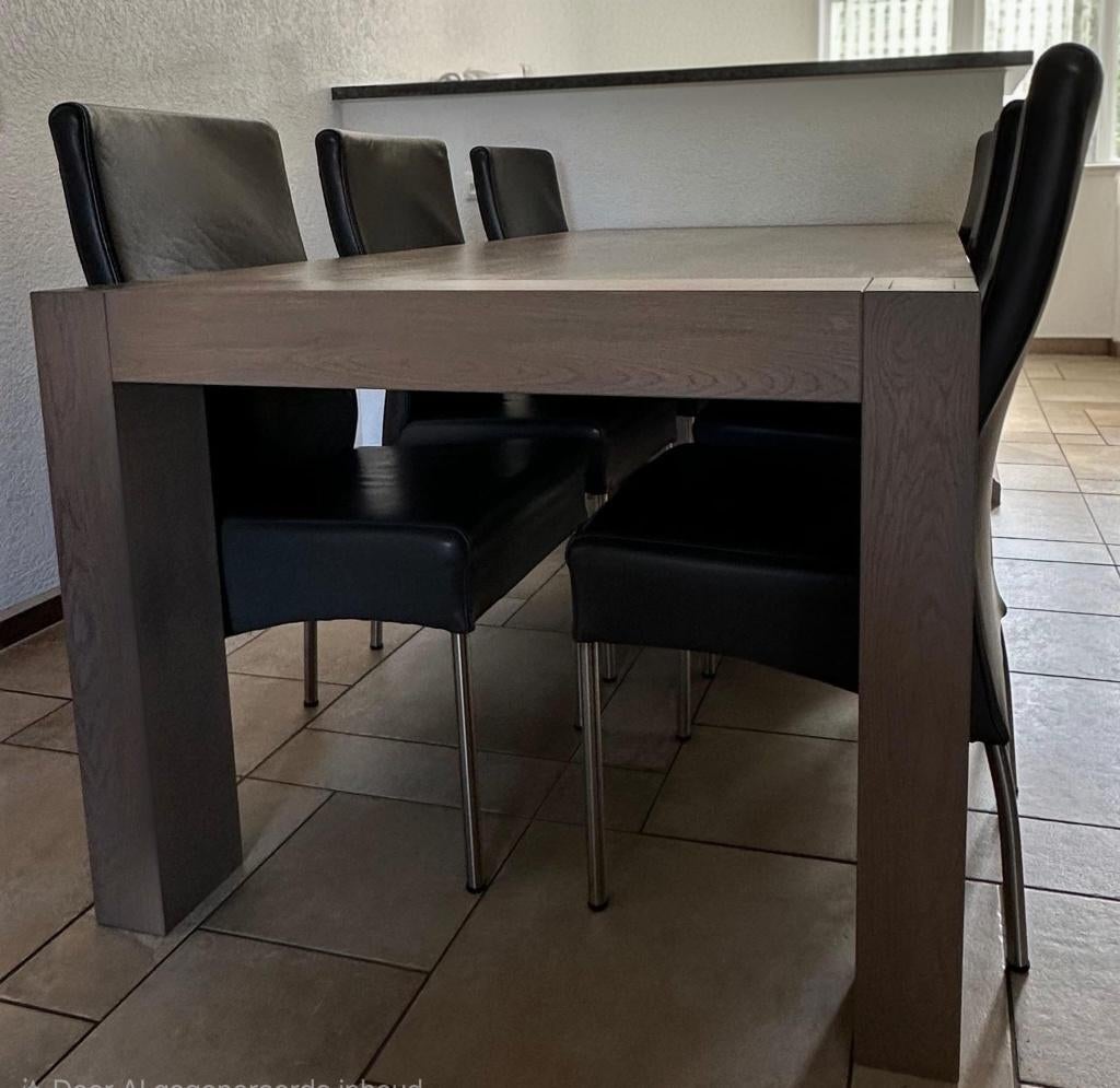Eettafel, 6 stoelen en bijpassende salontafel, Huis en Inrichting, Tafels | Eettafels, Ophalen, Gebruikt, Eikenhout, 200 cm of meer