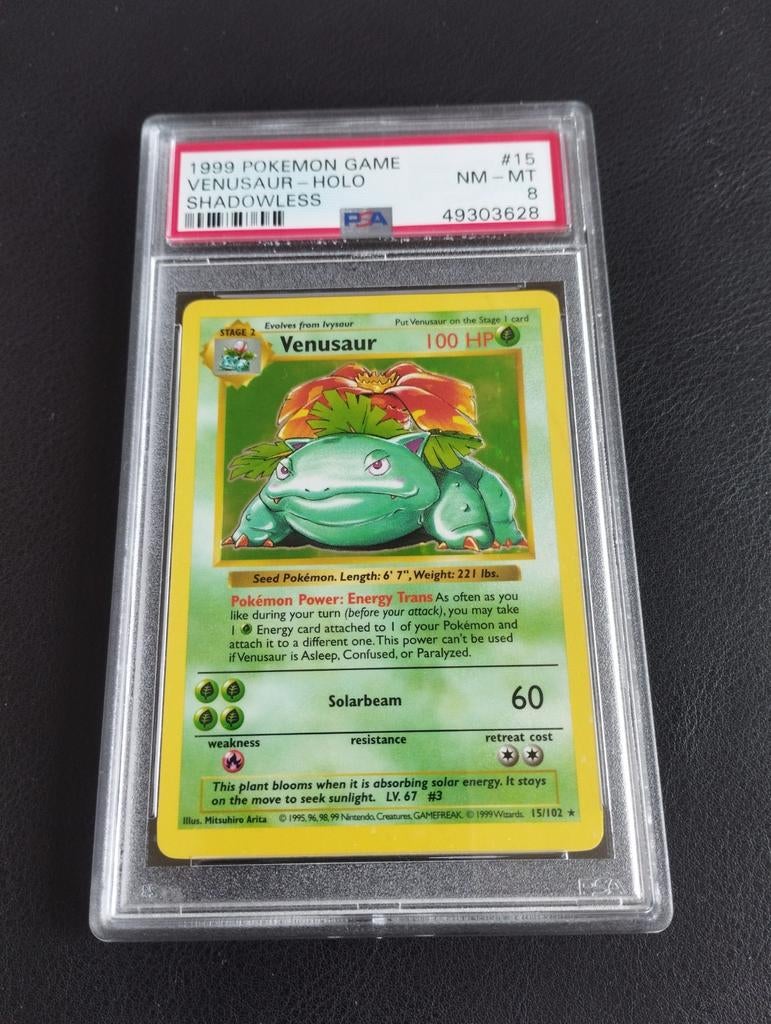 Shadowless Venusaur Holo Pokemon kaart Base set PSA8 NM, Ophalen of Verzenden, Zo goed als nieuw