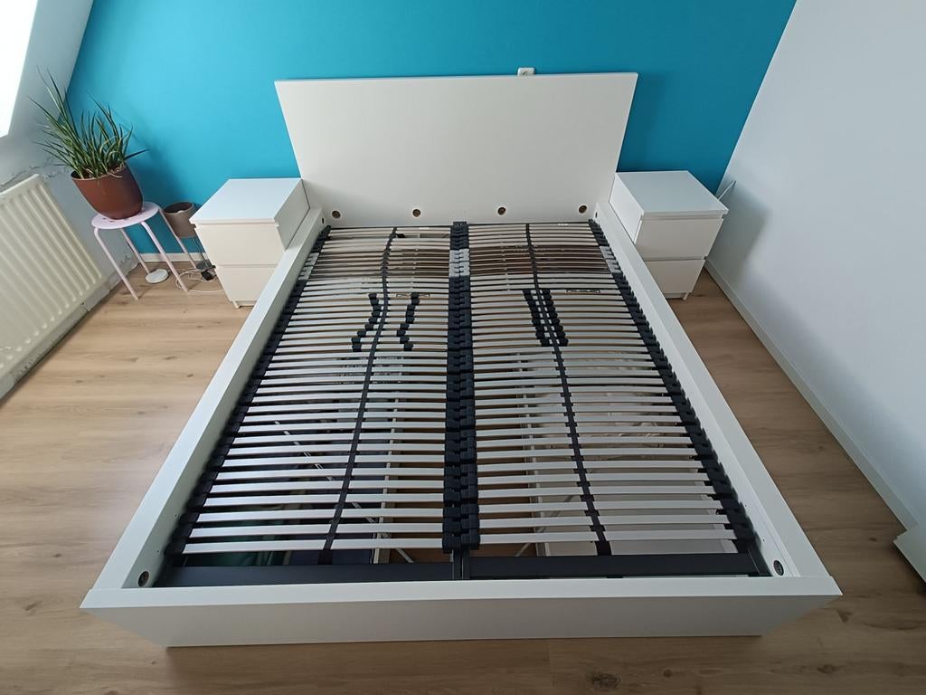 Bed Ikea Malm 160x200 incl. Lades Lattenbodems & Nachtkasjes, Huis en Inrichting, Slaapkamer | Bedden, Ophalen, Wit, Tweepersoons
