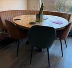 Mangohouten eettafel met bank en 3 stoelen, Huis en Inrichting, Tafels | Eettafels, Ophalen, Gebruikt, 100 tot 150 cm, Rond