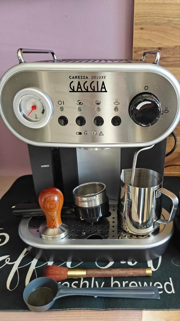 Gaggia Carezza Deluxe Espressomachine Barista Set Compleet, Ophalen, Gebruikt, Espresso apparaat, Gemalen koffie