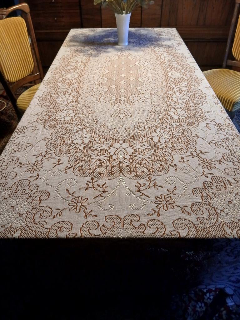 Kant tafelkleed vintage open gewerkt afmeting 260 bij 150. K, Ophalen of Verzenden, Rechthoek