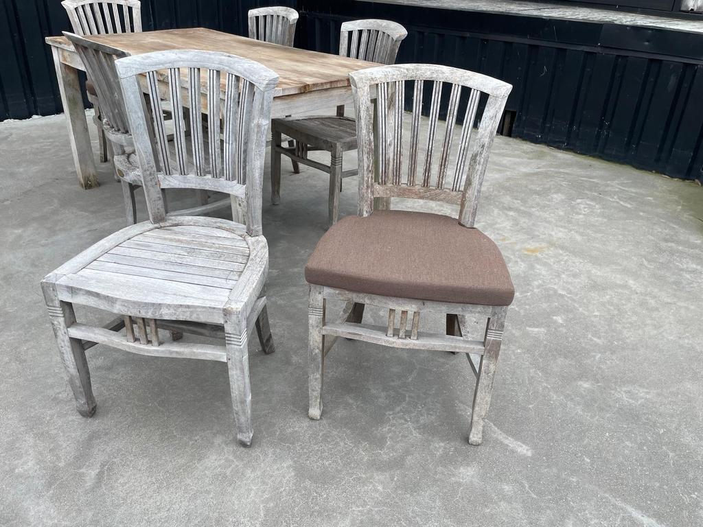 Teakhouten Terrasset: Tafel, 4 Stoelen met kussens, Ophalen, Gebruikt, Teakhout