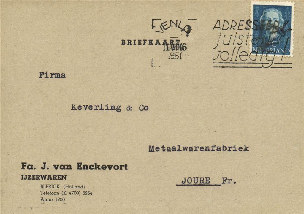 Fa. J. van Enckevort, Blerick - 08.1951 - briefkaart - 1951, Ophalen of Verzenden, Briefkaart