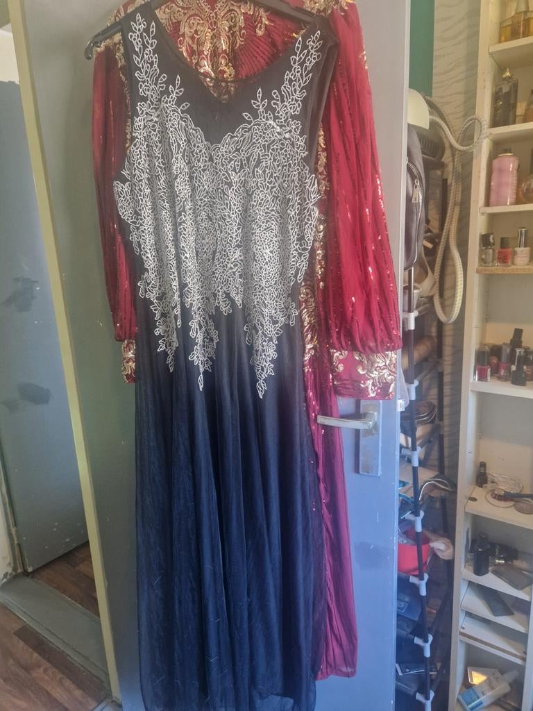 Zwart zilver bewerkte jurk maat L/XL, Ophalen of Verzenden