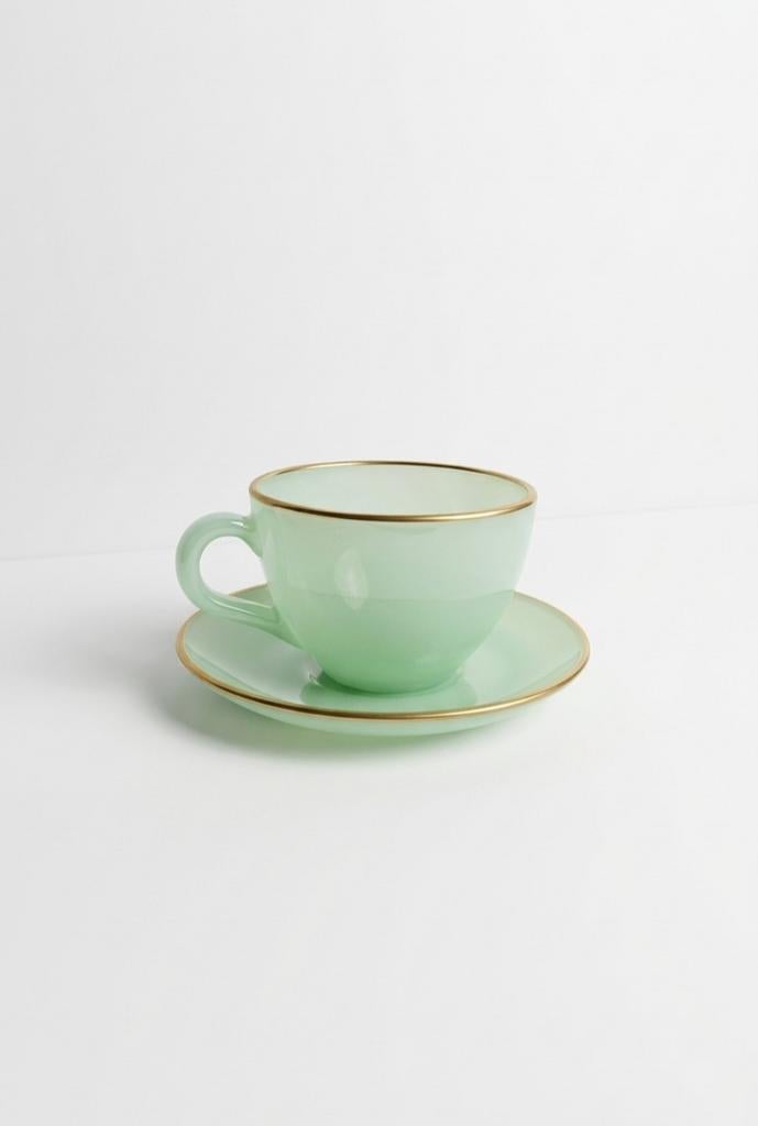 Jadeiet Groen Kop en Schotel - Pastel Melkglas - Gouden Ran, Ophalen of Verzenden, Overige stijlen, Kop(pen) en/of Schotel(s)