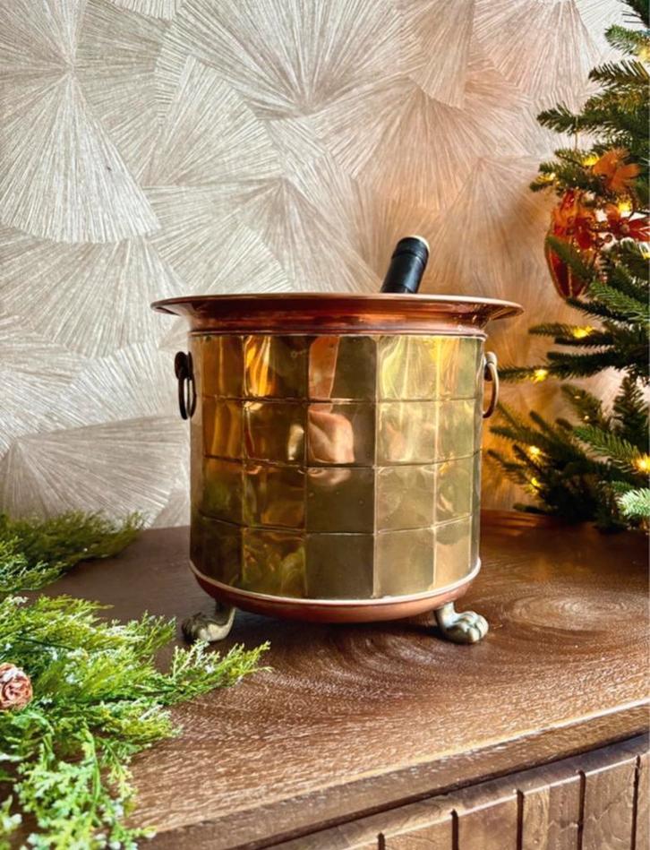 Vintage messing & koper wijnkoeler met leeuwenpootjes, Antiek en Kunst, Antiek | Koper en Brons