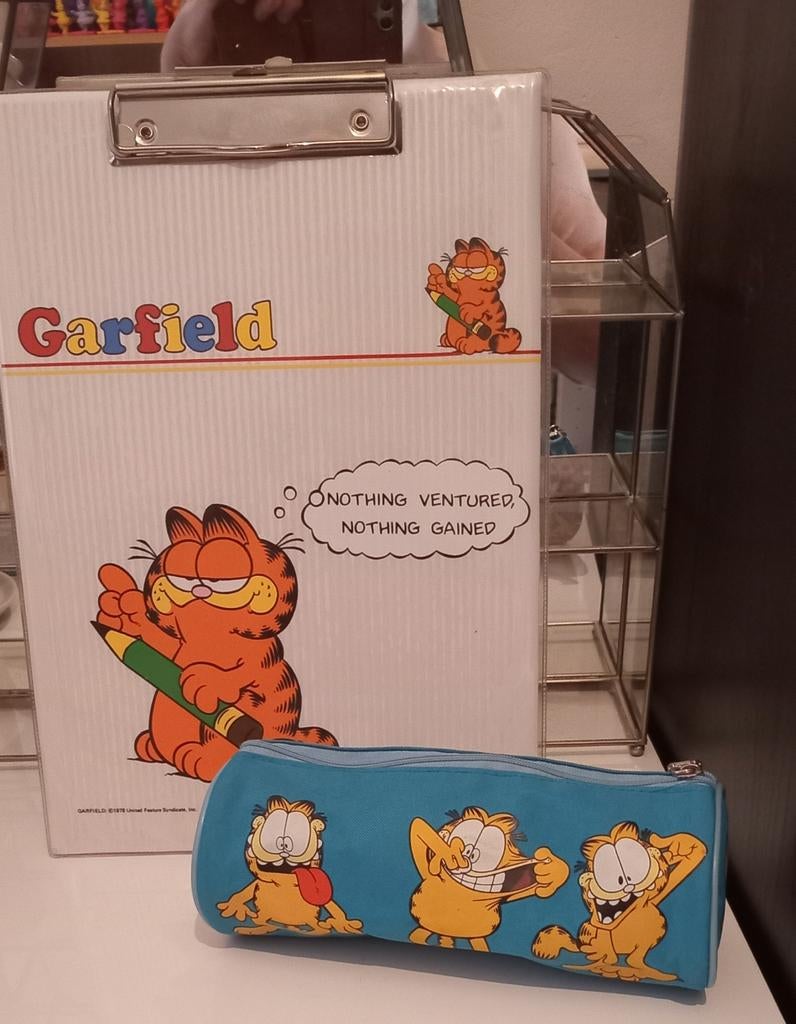 Garfield 1978 vintage clipboard en etui. ZGAN, Verzamelen, Stripfiguren, Ophalen of Verzenden, Zo goed als nieuw, Beeldje of Figuurtje