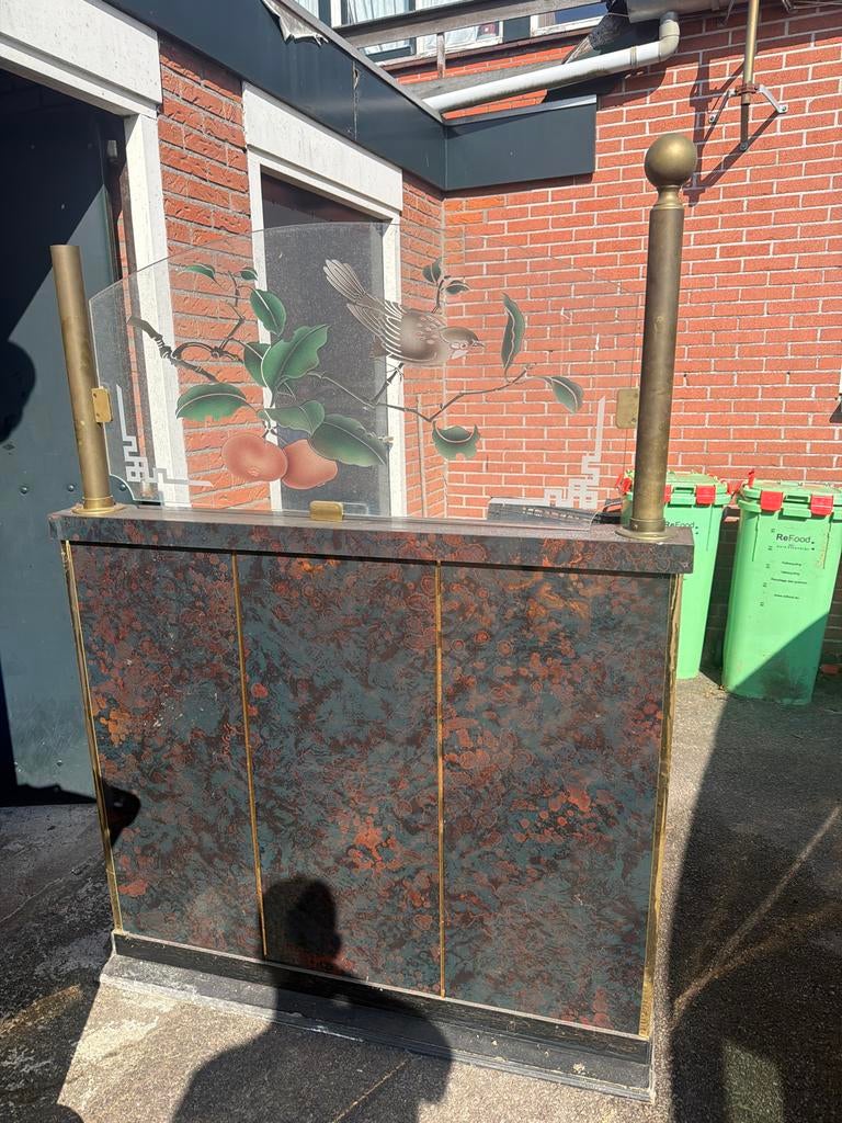 Glazen kamerscherm met vogel en fruit decoratie, Ophalen