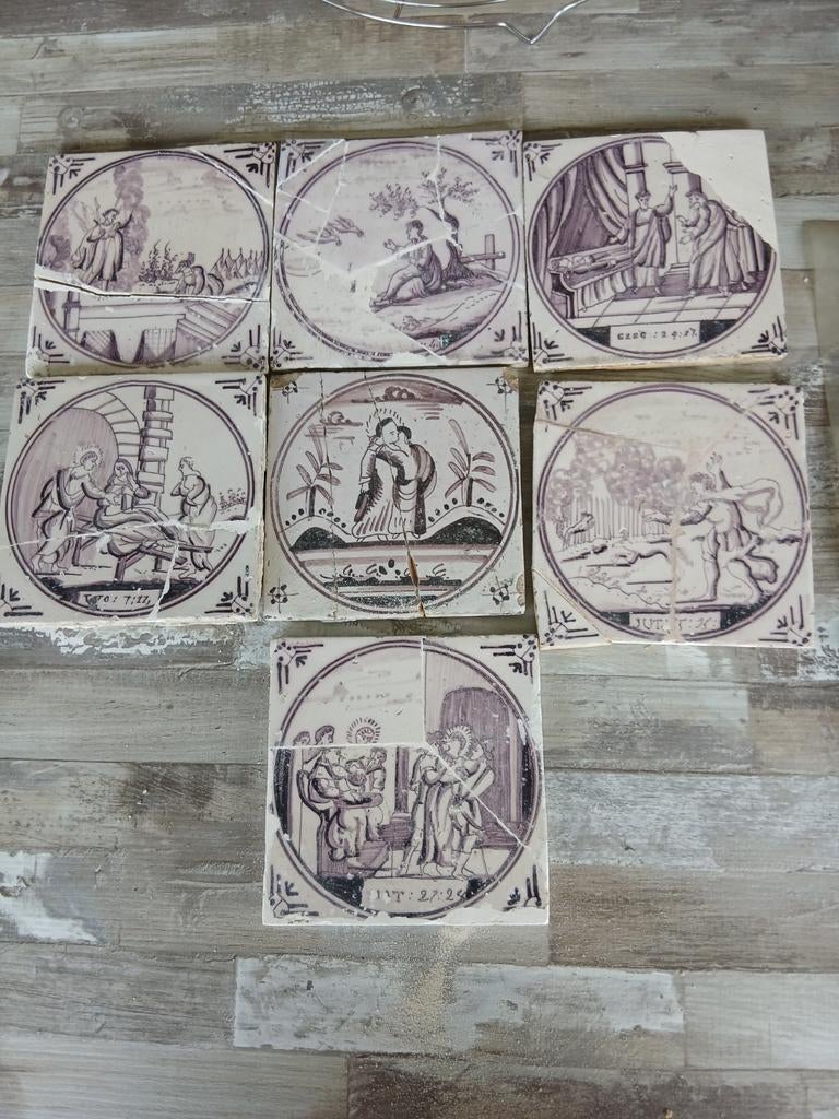 Antieke Bijbelse Tegels - Delft Blauw Stijl (7 stuks), Ophalen of Verzenden