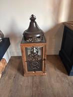 Houten kandelaar met ijzeren details - Sfeervolle lantaarn, Gebruikt, Ophalen of Verzenden, Kandelaar, Hout