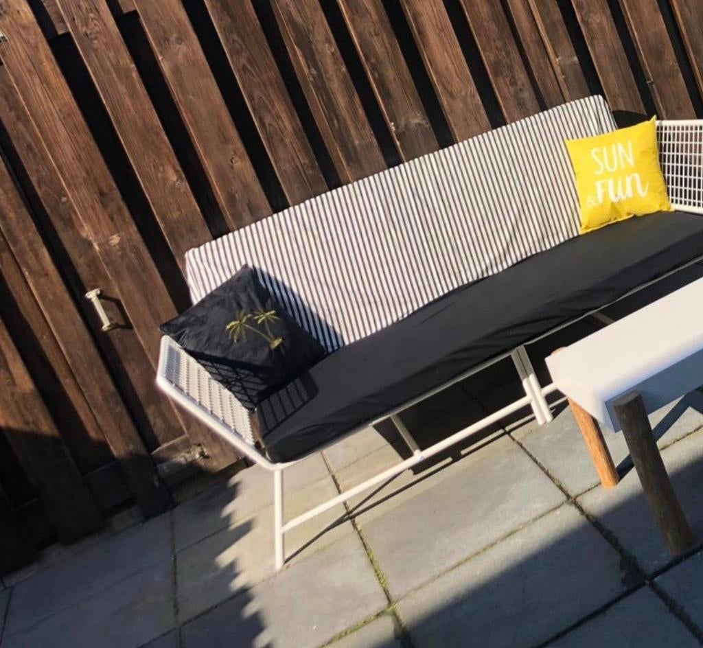 Robuuste ijzeren/stalen Tuinbank met kussens, Ophalen, Gebruikt, Metaal