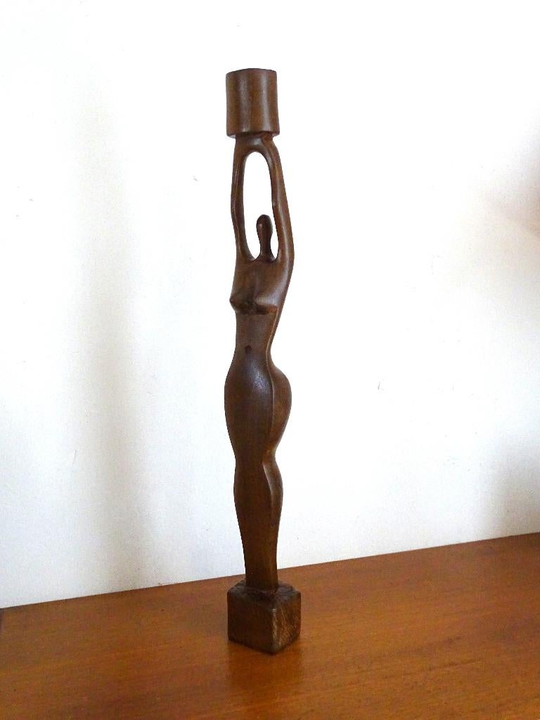 houten beeld kandelaar Aburi Ghana Uniek kunstobject, Ophalen of Verzenden, Handgemaakt, 20 - 50 cm, Beeld
