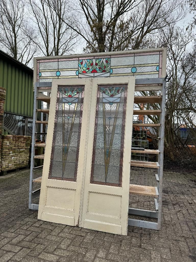 Set openslaande deuren / bovenlicht jugendstil glas in lood., Ophalen