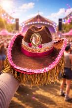 Unieke Cowboyhoed voor Festivals - Roze Details, Kleding | Dames, Hoeden en Petten, Ophalen of Verzenden, Zo goed als nieuw, One size fits all