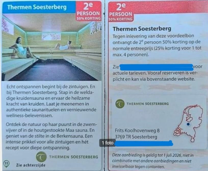 Thermen Soesterberg 2e persoon 50% korting, Tickets en Kaartjes, Kortingen en Cadeaubonnen, Drie personen of meer, Spa of Sauna