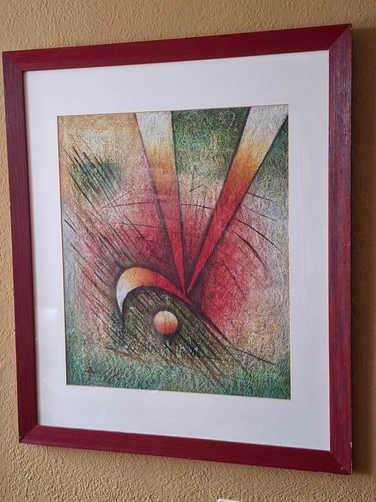 B. Long schilderij met rode lijst, Antiek en Kunst, Kunst | Schilderijen | Abstract, Ophalen of Verzenden