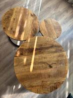 Mango houten tafeltjes, Huis en Inrichting, Tafels | Bijzettafels, Ophalen, Gebruikt, Rond, Minder dan 55 cm