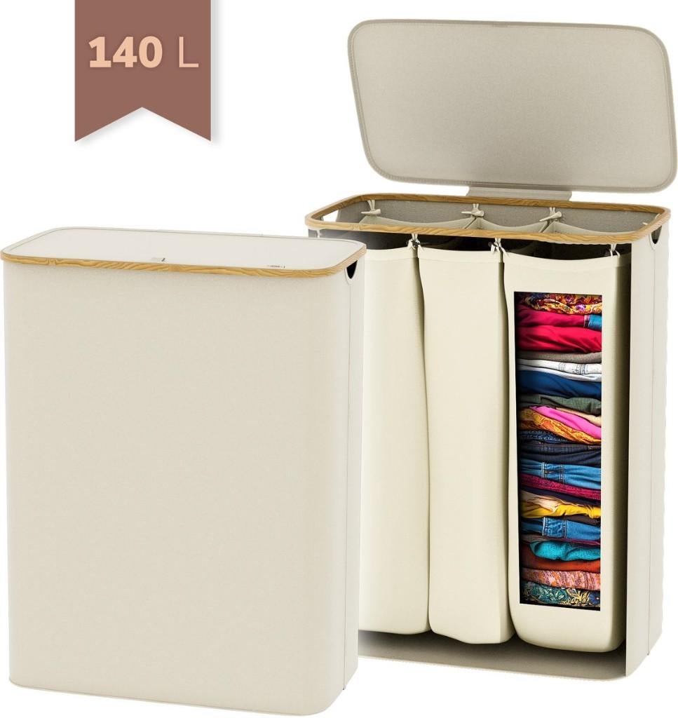 Wasmand 3Vakken 140L-57x37x75cm-Opvouwbare Wasmand met Dekse, Ophalen of Verzenden, Nieuw, Beige, Handdoek
