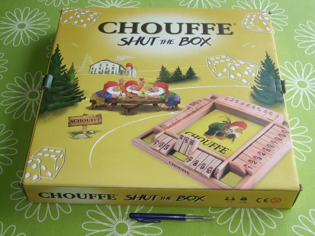 Chouffe - Shut the box - XL uitvoering met 40x40cm speelbord, Een of twee spelers, Ophalen of Verzenden, Zo goed als nieuw, La Chouffe