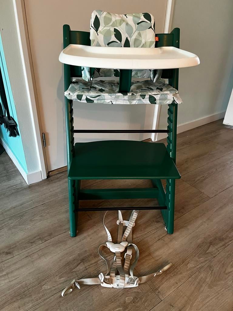 Stokke Tripp Trapp stoel forest green incl. accessoires, Kinderen en Baby's, Kinderstoelen, Ophalen, Gebruikt, Meegroeistoel, Gordel(s)