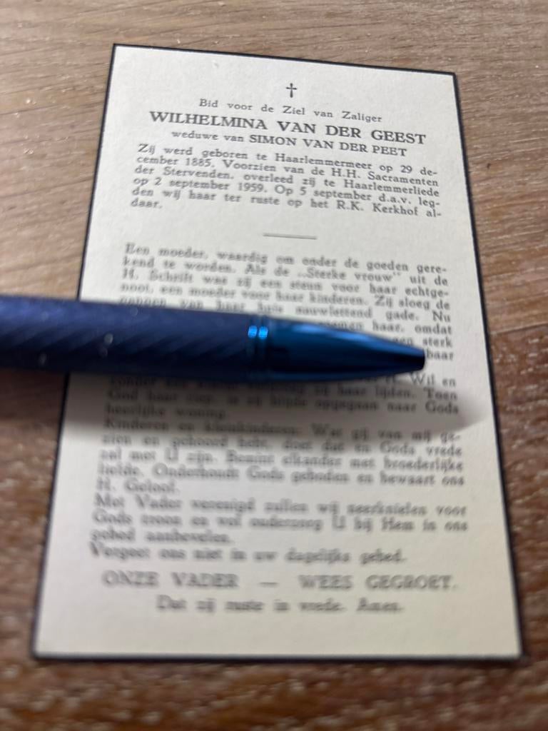 Geest vd Wilh. Haarlemmermeer 1959 Haarlemmerliede x vd Peet, Ophalen of Verzenden, Bidprentje