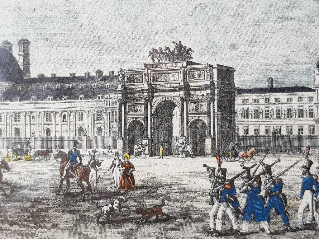 Place du Carrousel antieke ingelijste gravure uit Frankrijk., 1800 - 1899, Stadsgezicht, Met tekst, Ophalen of Verzenden