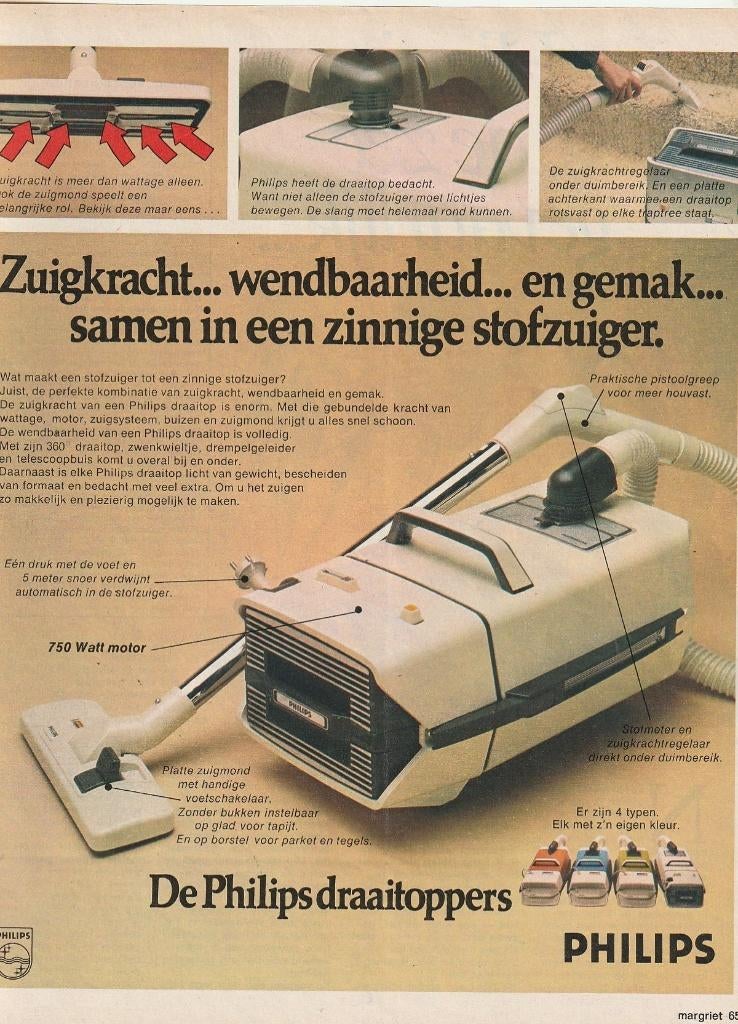 retro reclame 1976 Philips draaitopper stofzuiger, Verzenden, Overige typen
