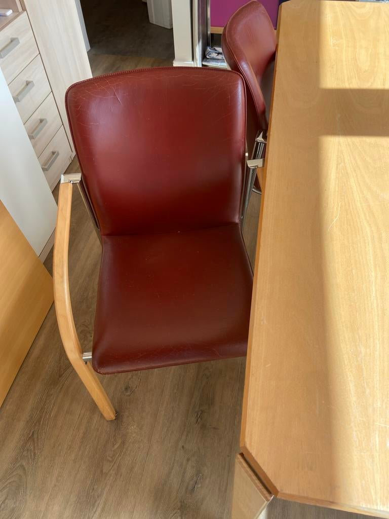 4 Leolux Cimarron eetkamerstoelen - Rood leer, Ophalen, Gebruikt, Leer, Vier