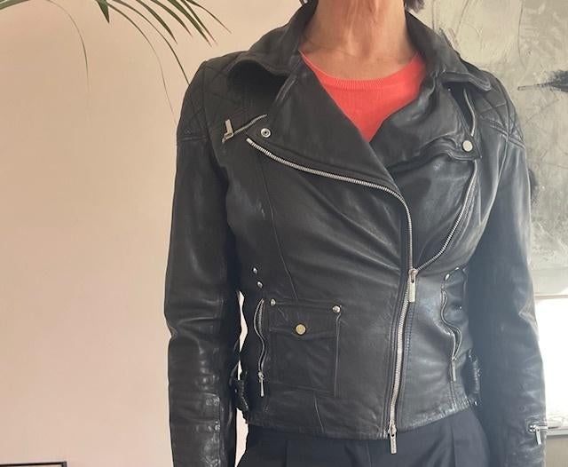Dames, bikerjack, Leer, maat 38, Kleding | Dames, Jasjes, Kostuums en Pakken, Maat 38/40 (M), Karen Millen, Zwart, Ophalen of Verzenden