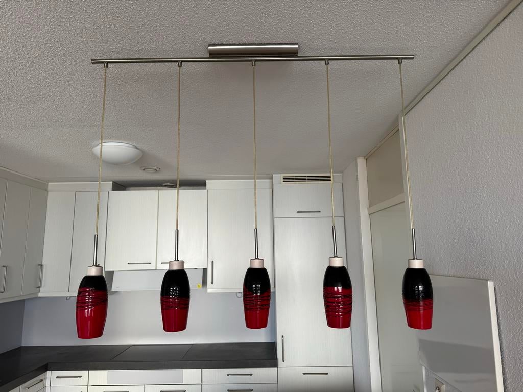 Mooie hanglamp met 5 lichtpunten; RVS en glas, Huis en Inrichting, Ophalen, Gebruikt, Glas, 75 cm of meer