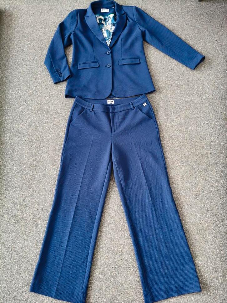 Pom Amsterdam Wafelstof Pak - Broek (42) & Blazer (40) Blauw, Kleding | Dames, Jasjes, Kostuums en Pakken, Zo goed als nieuw, Kostuum of Pak