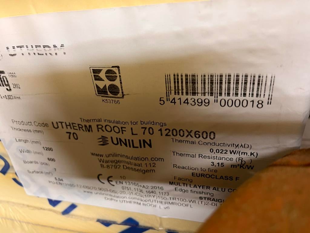 Unilin Utherm Roof L 70 isolatieplaten, Doe-het-zelf en Verbouw, Isolatie en Afdichting, 4 tot 8 cm, Nieuw, 5 tot 10 m², Hardschuim (Pir)