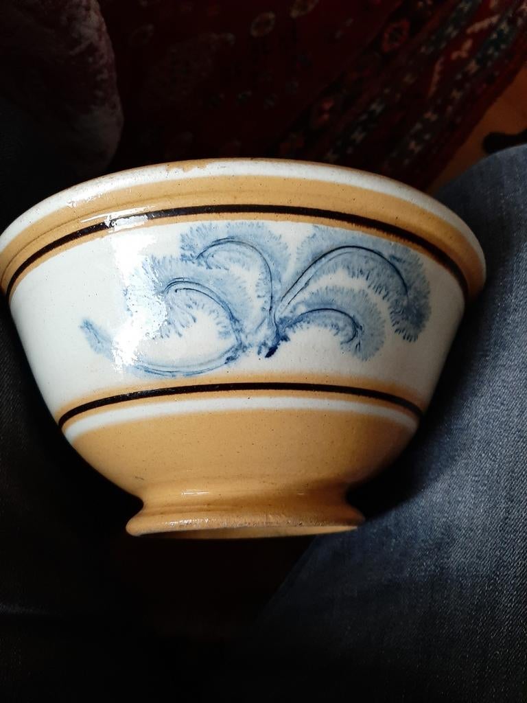 Antieke Yellowware Mengkom USA met Zeewier Decor (1860-1900), Antiek en Kunst, Ophalen of Verzenden