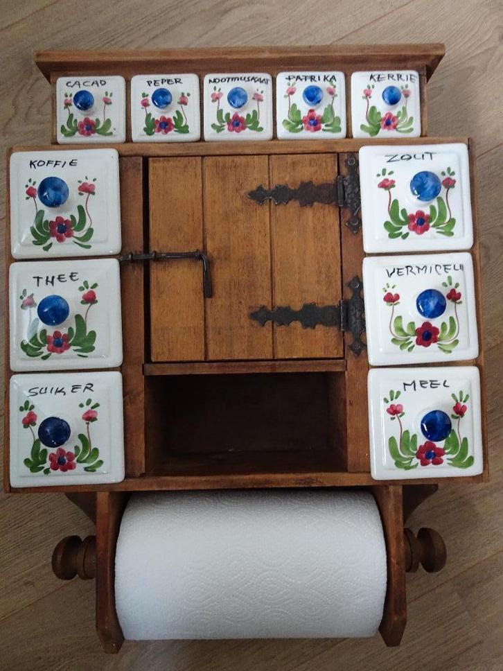 Brocant kruidenrek/ keukenkastje met porseleinen lades, Antiek en Kunst, Curiosa en Brocante, Ophalen of Verzenden