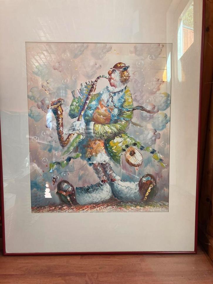 Schilderij clown met saxofoon, uniek exemplaar, Antiek en Kunst, Kunst | Schilderijen | Modern, Ophalen