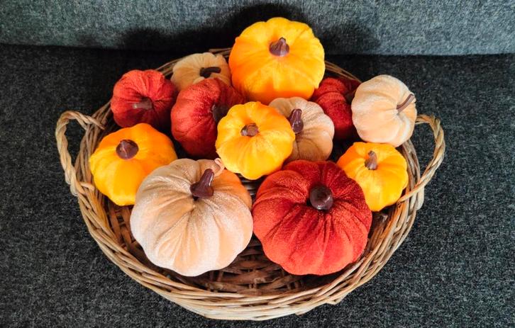 Nieuwe herfst deco; 12 kunst pompoentjes met fluwelen stof, Huis en Inrichting, Woonaccessoires | Kunstplanten en Kunstbloemen