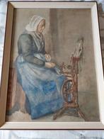 Achter het spinnewiel - klederdracht- gesigneerd, Ophalen of Verzenden